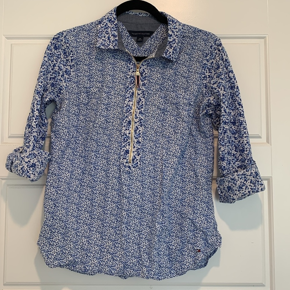 Tommy Hilfiger Blue Floral Quarter-Zip Blouse - Picture 3 of 6